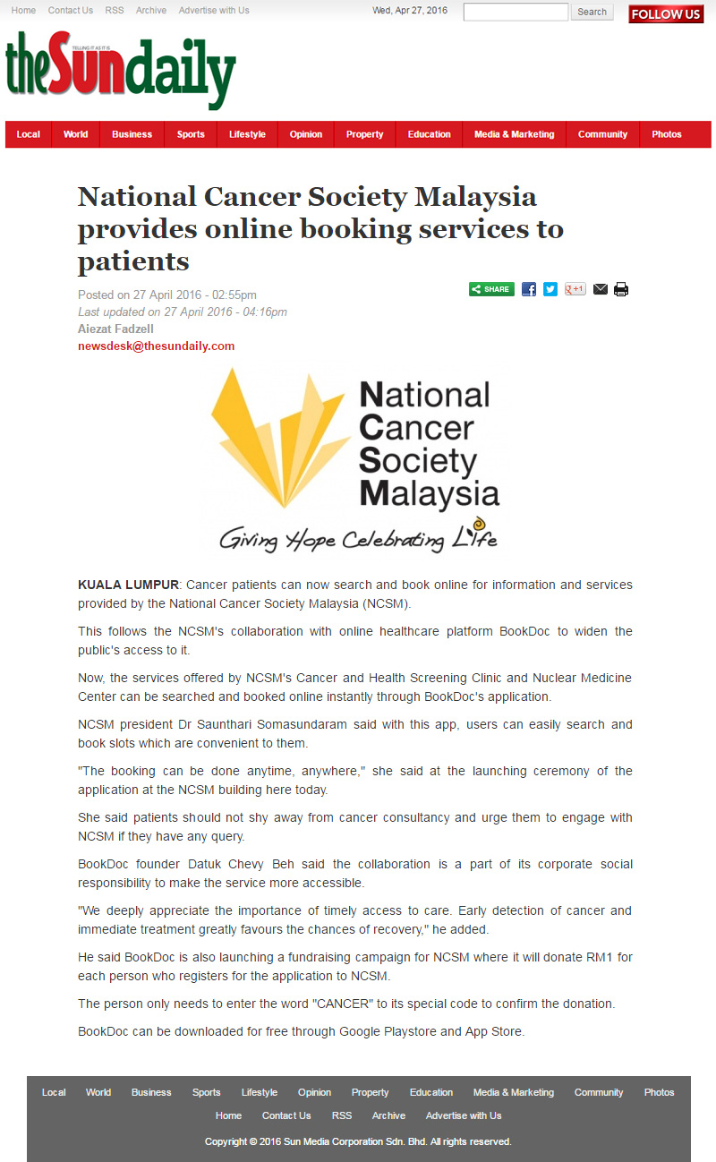 National Cancer Society Malaysia provides online booking services to patients