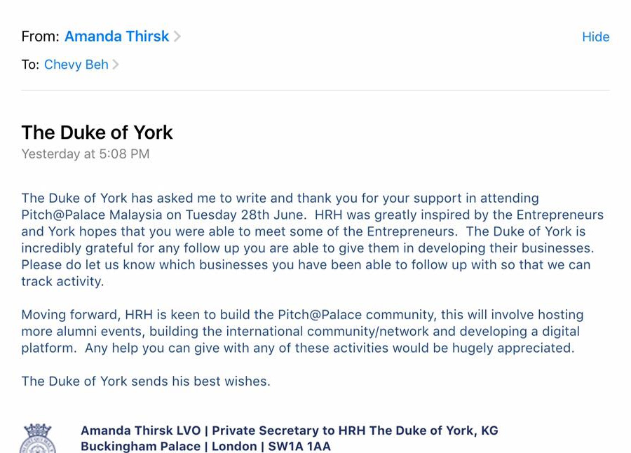 Personal note from Duke of York to founder of BookDoc