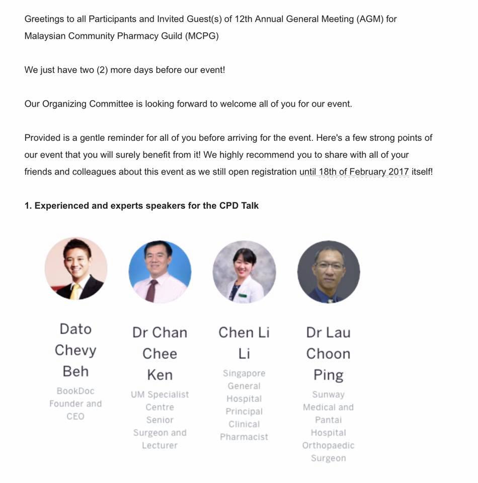 BookDoc Founder will be speaking at the 12th AGM for Malaysian Community Pharmacy Guild (MCPG)