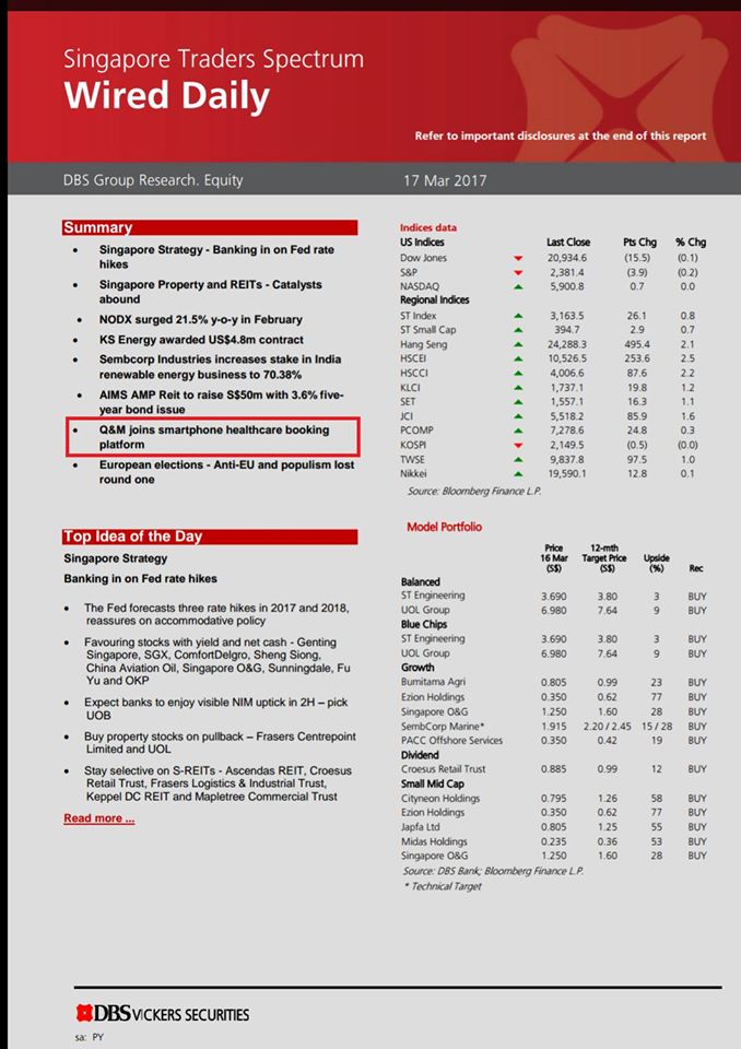 BookDoc' partnership with Q & M Dental Group, the largest dental group in this region by number of outlets and market capitalisation captured by DBS Bank Vickers Research Report.