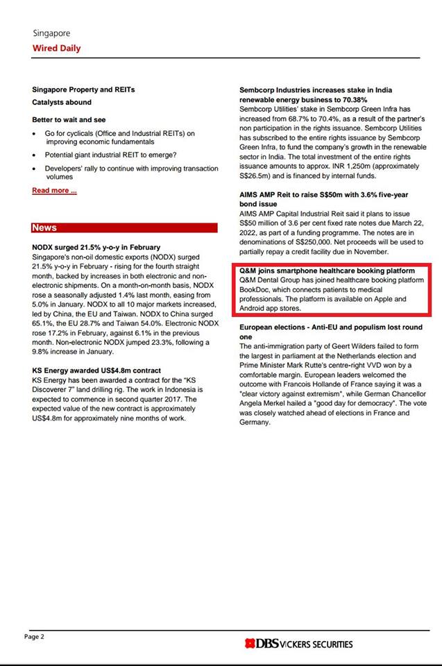 BookDoc' partnership with Q & M Dental Group, the largest dental group in this region by number of outlets and market capitalisation captured by DBS Bank Vickers Research Report.