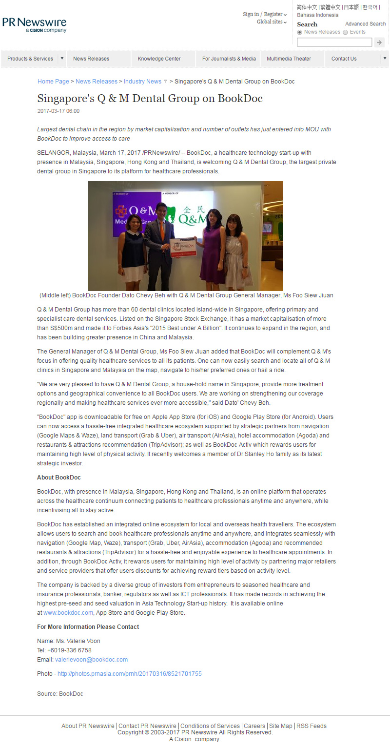 PR Newswire asia Singapore's Q & M Dental Group on BookDoc