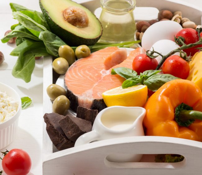 Ketogenic low carbs diet – food selection on white background