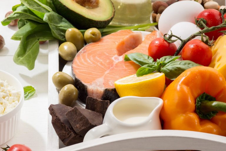 Ketogenic low carbs diet – food selection on white background